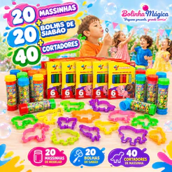 20 Cx Massinha de Modelar + 20 Bolha de Sabao + 40 Cortador Kit Festa Aniversario Prenda Lembracinha