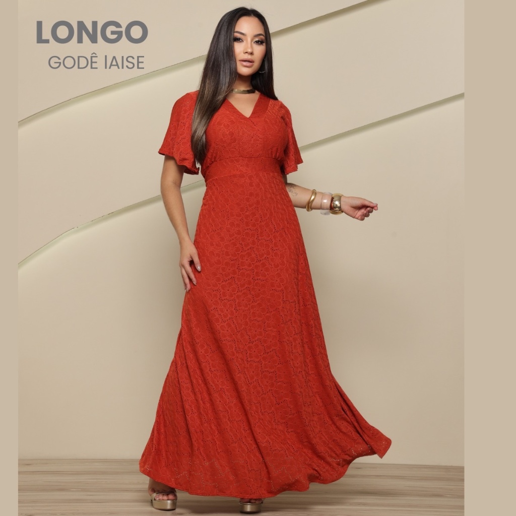 Vestido Longo Feminino em Laise Manga Curta Decote V Elegante Para Eventos