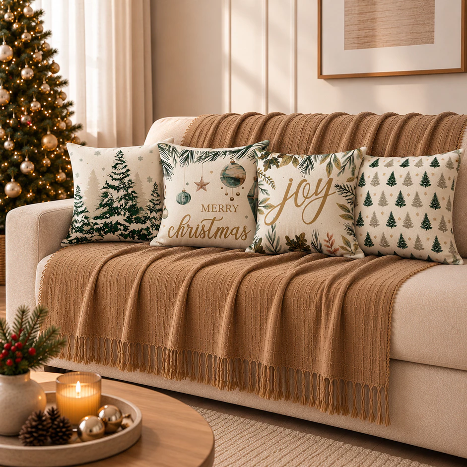 Kit Manta Decorativa 1,40x1,70 + 4 Capas de Almofada Natal 43x43 para Sala e Sofá Decoração Natalina — imagem 1
