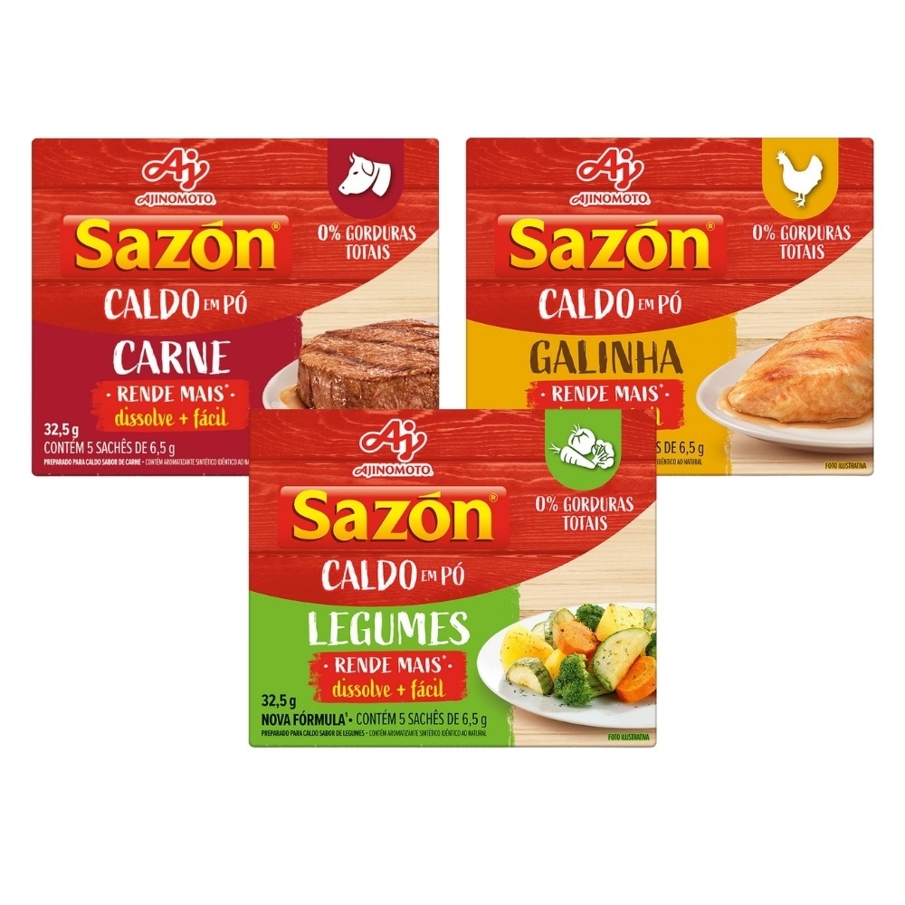 Imagem Kit Caldo em Pó SAZÓN® Carne, Galinha e Legumes - 0% Gordura - Ideal para Sopas e Risotos