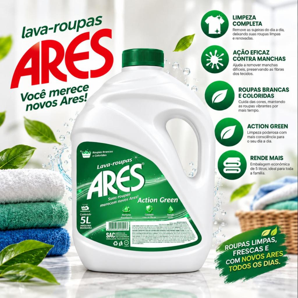 Kit 2 Unidades Lava Roupas Líquido Ares Action Green 5L Roupas Brancas e Coloridas — imagem 2 de 2