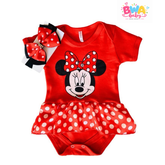 Body Bebê Tematico menina Minnie + Laço temático Mesversario Fantasia