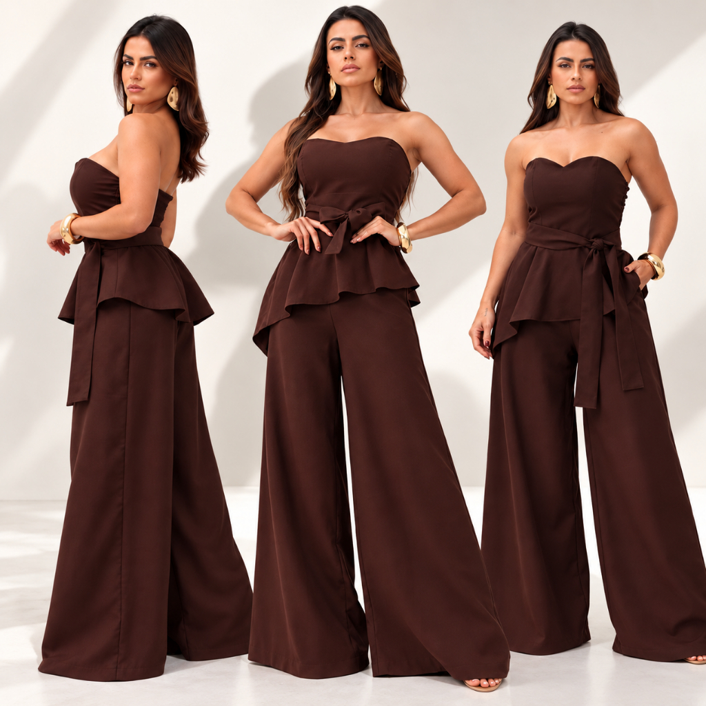 Conjunto Feminino Tomara que Caia Peplum Assimétrico com Faixa Calça Pantalona Elegante Festa Casual Chic