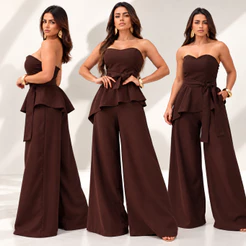 Conjunto Feminino Tomara que Caia Peplum Assimétrico com Faixa Calça Pantalona Elegante Festa Casual Chic