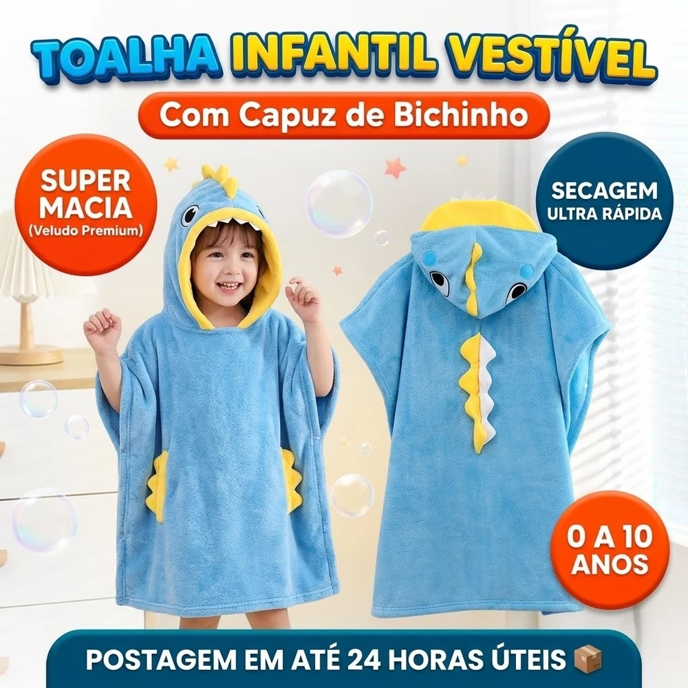 Toalha De Banho Infantil Com Capuz Bichinhos Estilo Poncho e Roupão Bebê Criança 0 a 10 Anos