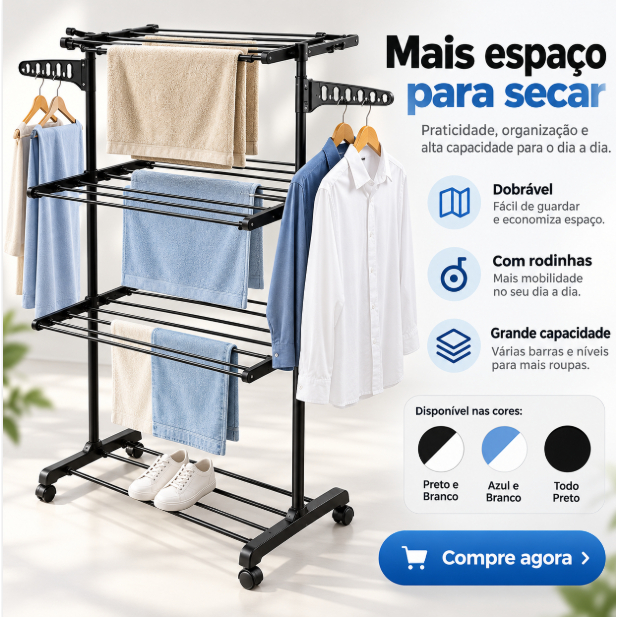 Varal de Chão 3 Andares Dobrável com Rodinhas Vertical Grande Portátil Roupas Apartamento Varal de Pé Lavanderia