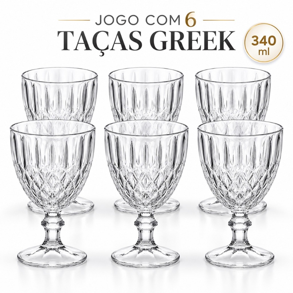 Jogo de 6 Taças Gamma Greek Vidro Transparente 340ml Relevo Clássico para Água Suco Vinho Refrigerante Drinks Mesa Posta