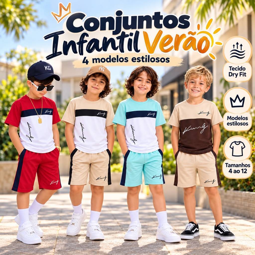 Conjunto Infantil Masculino Kit Bermuda + Camisa Juvenil Verão Dryfit Leve e Fresquinho