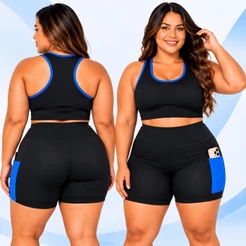 Conjunto Para Malhar Feminino Roupa de Academia Top Nadador Short Cintura Alta Bolso P M G GG G1 G2 G3 Plus Size