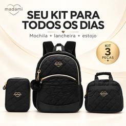 Kit Mochila Infantil Madami 32L com Carrinho Lancheira e Estojo Escolar 3 Peças
