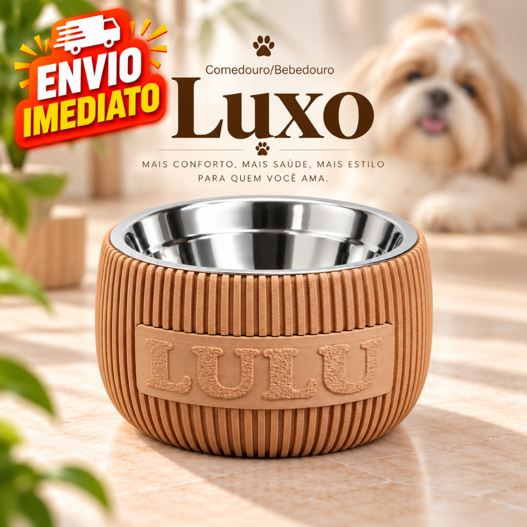 Comedouro Pet Elevado com nome Personalizado Cachorro Gato Bebedouro Tigela Inox Ração Água Antivômito Premium