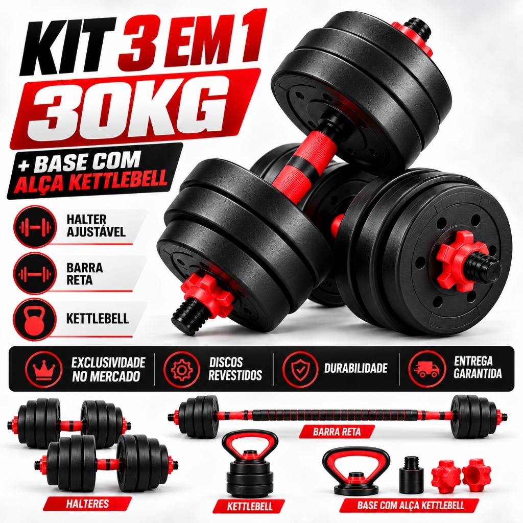 Kit Halteres 3 em 1 30kg Anilha Barra Musculação Academia Ajustável Segurança e Durabilidade + Base e Alças Kettebbell