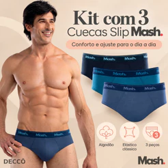 Kit Com 3 Cuecas Mash Slip Modelo Basico Masculino Tradicional Em Algodao Cotton Super Confortavel