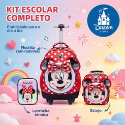 Kit Minnie Mochila Lancheira Estojo Escolar Feminina Rodinha Disney