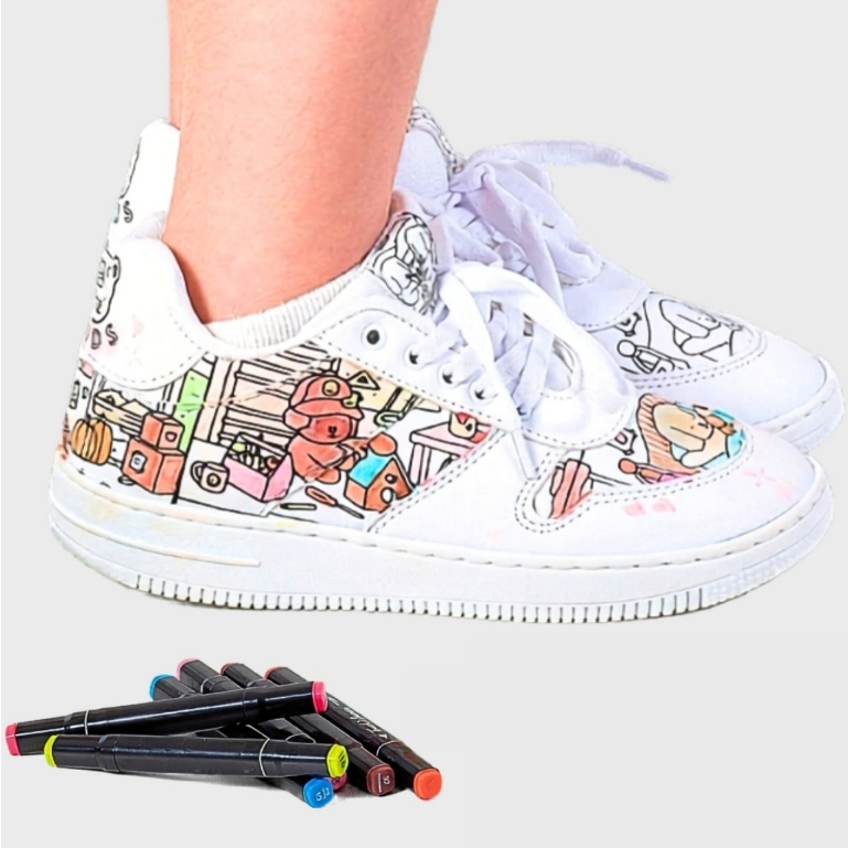 Tênis Infantil De Colorir + Kit 5 Canetinhas Confortável Original Divertido Lançamento