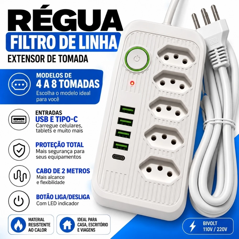 Régua Filtro de Linha 4 5 6 8 Tomadas USB Tipo C Universal Bivolt 10A Cabo 2m Extensão Elétrica