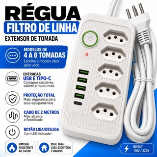 Régua Filtro de Linha 4 5 6 8 Tomadas USB Tipo C Universal Bivolt 10A Cabo 2m Extensão Elétrica