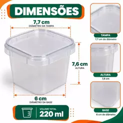 (KIT 300UN) Pote Quadrado Com Tampa 220ml Lacre Plastilânia - 24Hs