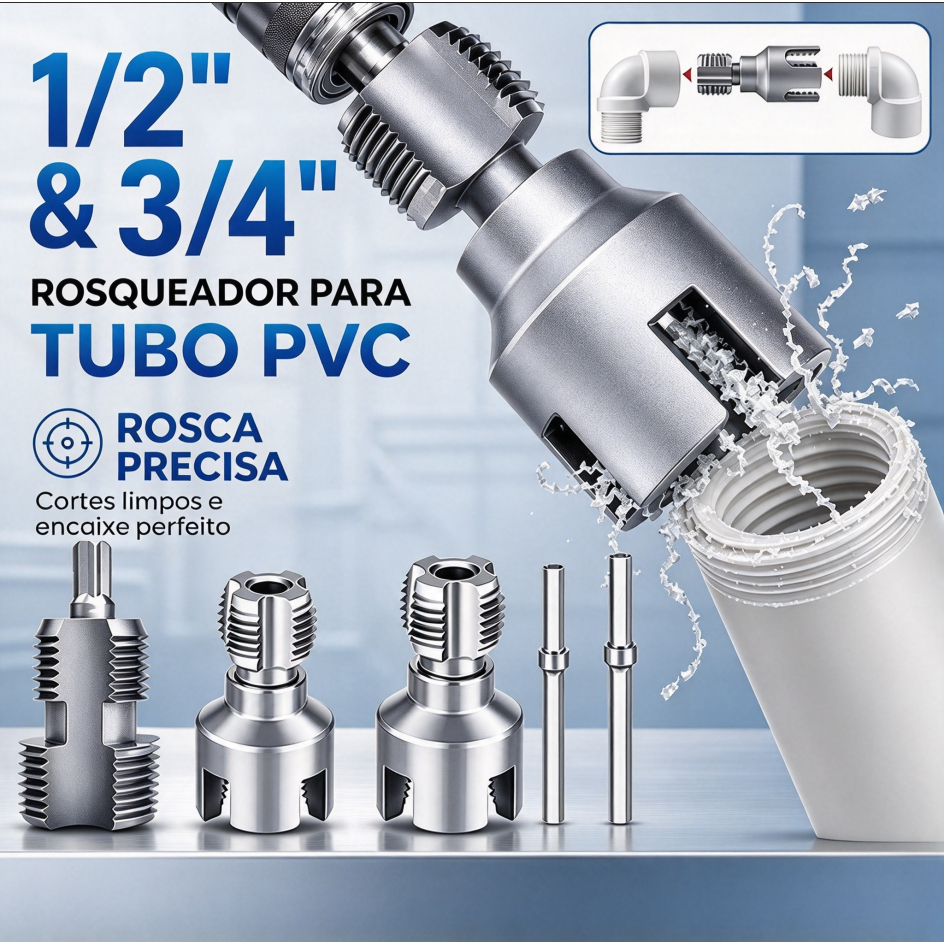 Kit 2 Abridores de Roscas Interna e Externa em Tubos de PVC 1/2 e 3/4 com Encaixe Parafusadeira