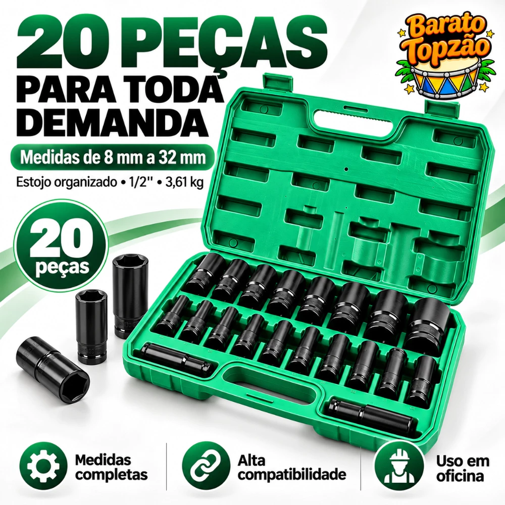 Jogo de Soquetes Longos de Impacto 1/2 Aco CR-V Sextavado 8 a 32mm Parafusadeira Chave Pneumatica - Envio Imediato