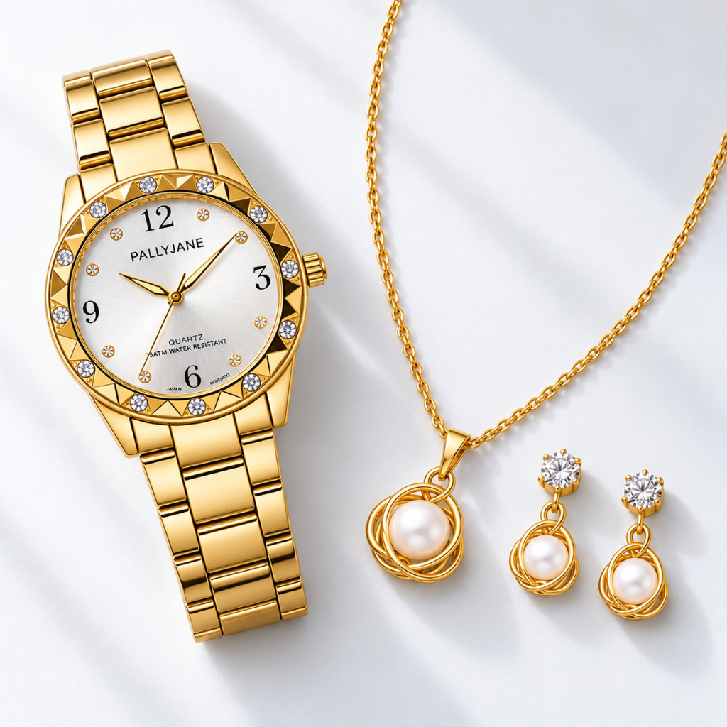 Kit Relógio Feminino Pallyjane Dourado com Colar e Par de Brincos