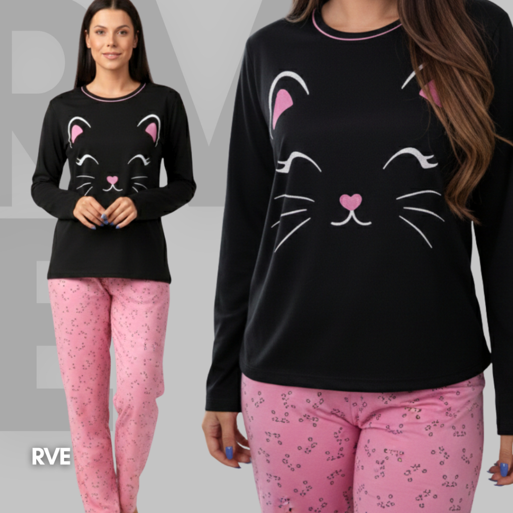 Pijama Feminino Longo Inverno Conjunto Calça e Blusa de Frio Quentinho Confortável em Oferta na Shopee