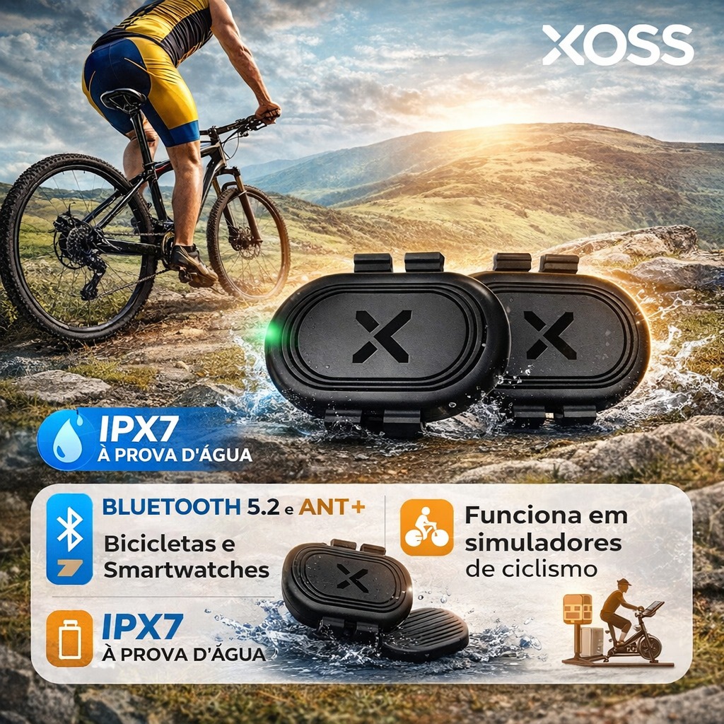 Sensor Velocidade/Cadência XOSS Arena Bluetooth 5.2 ANT+ IPX7 Serve Zwift Garmin Smartwatch