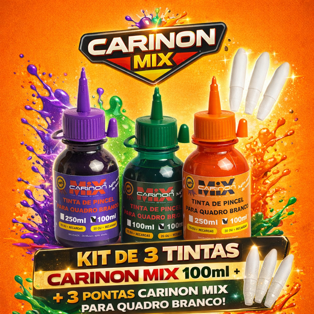 Kit 3 Frascos 100ml Tinta Para Pincel Marcador De Quadro Branco + 3 Pontas Carinon Mix