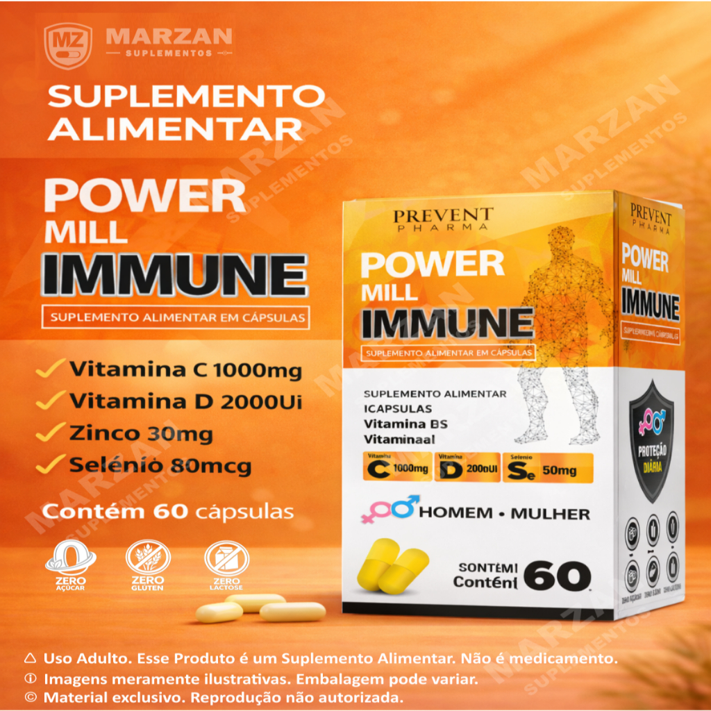 Vitaminas C D + Zinco e Selênio 60 Cápsulas Power Mill Immune Prevent Pharma
