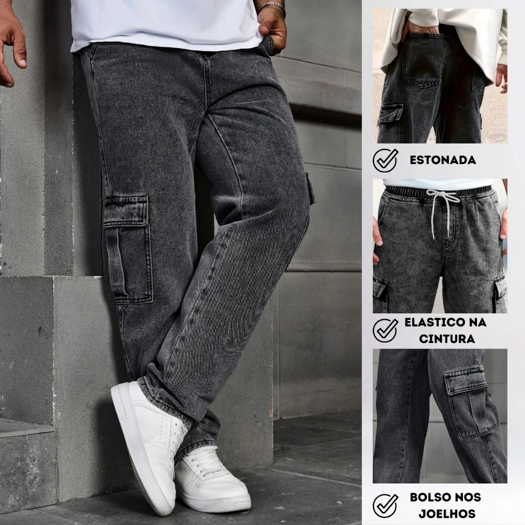 Calça Jeans Cargo Masculina Streetwear Skatista Preta Mescla Cinza Grafite