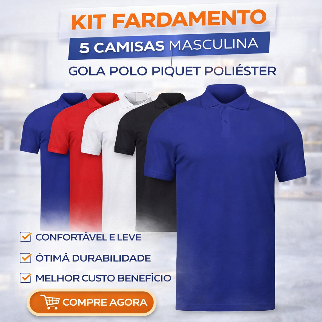 Kit Fardamento com 5 Camisas Masculinas Gola Polo Piquet 100% Poliéster