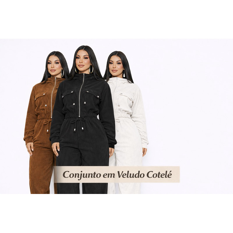Conjunto Yasmim feminino inverno|tecido veludo cotelê com capuz e calça estilo wide leg