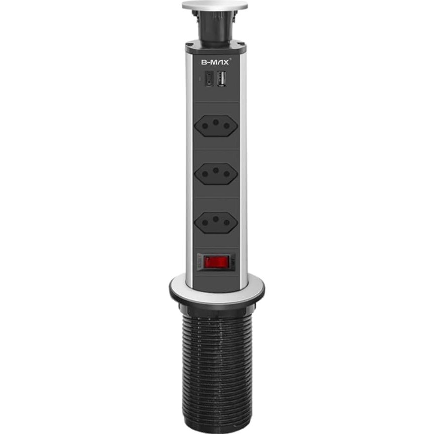 Torre Tomada Retrátil Embutir 3 Entradas + Usb Tipo C Embutir Deslizante Bivolt Multiplug Mesa