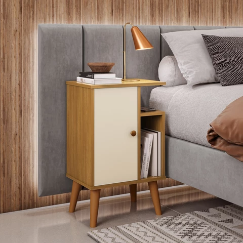 Criado Mudo Moderno com Porta e Prateleira Externa - Mesa de Apoio Lateral para Cama e Quarto