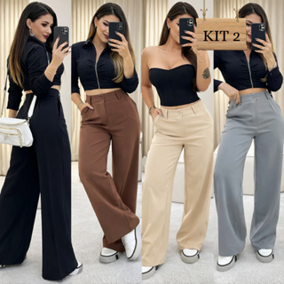 KIT 2 Calça Pantalona Alfaiataria Com Bolso Cintura Alta PROMOÇÃO Premium em Oferta na Shopee