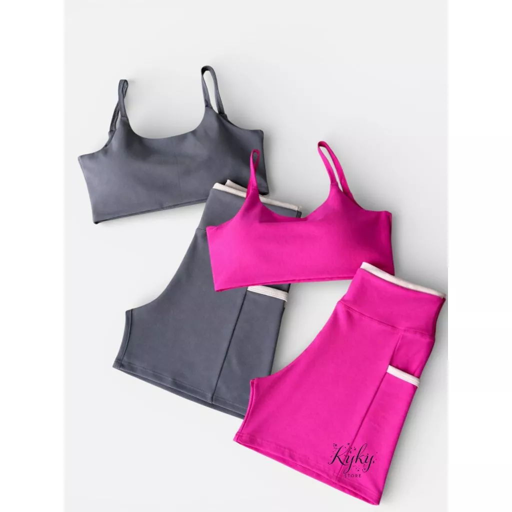Kit 2 Conjuntos Feminino Line Academia Top Costas Nua com Bojo Removível Shorts Bolso Grosso Zero Transparência Cross — imagem 1