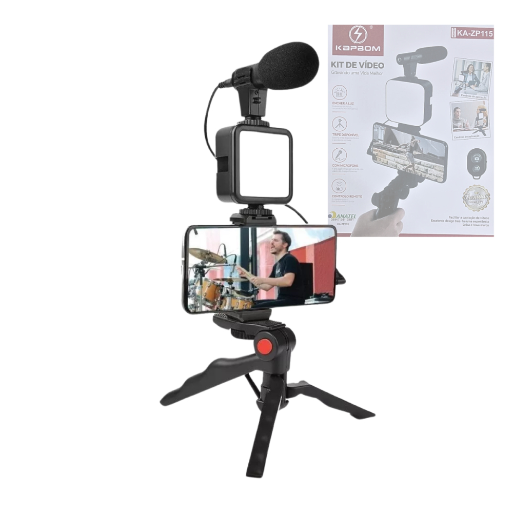 Suporte para Celular com Tripé Luz LED para Streaming Podcast Self com Microfone Kapbom KA-5673 / KA-ZP115