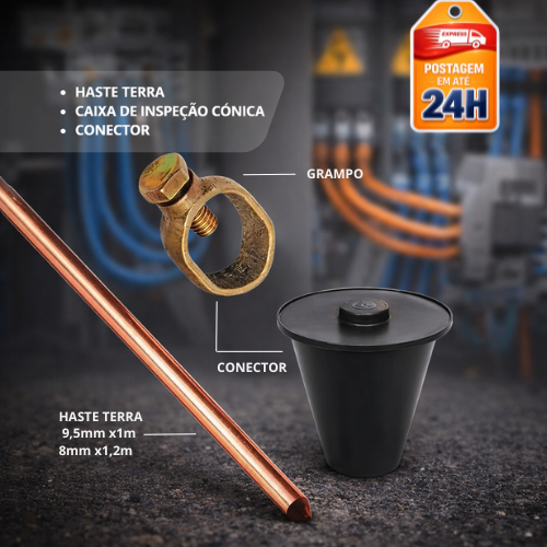 Kit Haste de Aterramento + Conector + Caixa de Inspeção Cônica | Sistema de Aterramento Completo em Oferta na Shopee