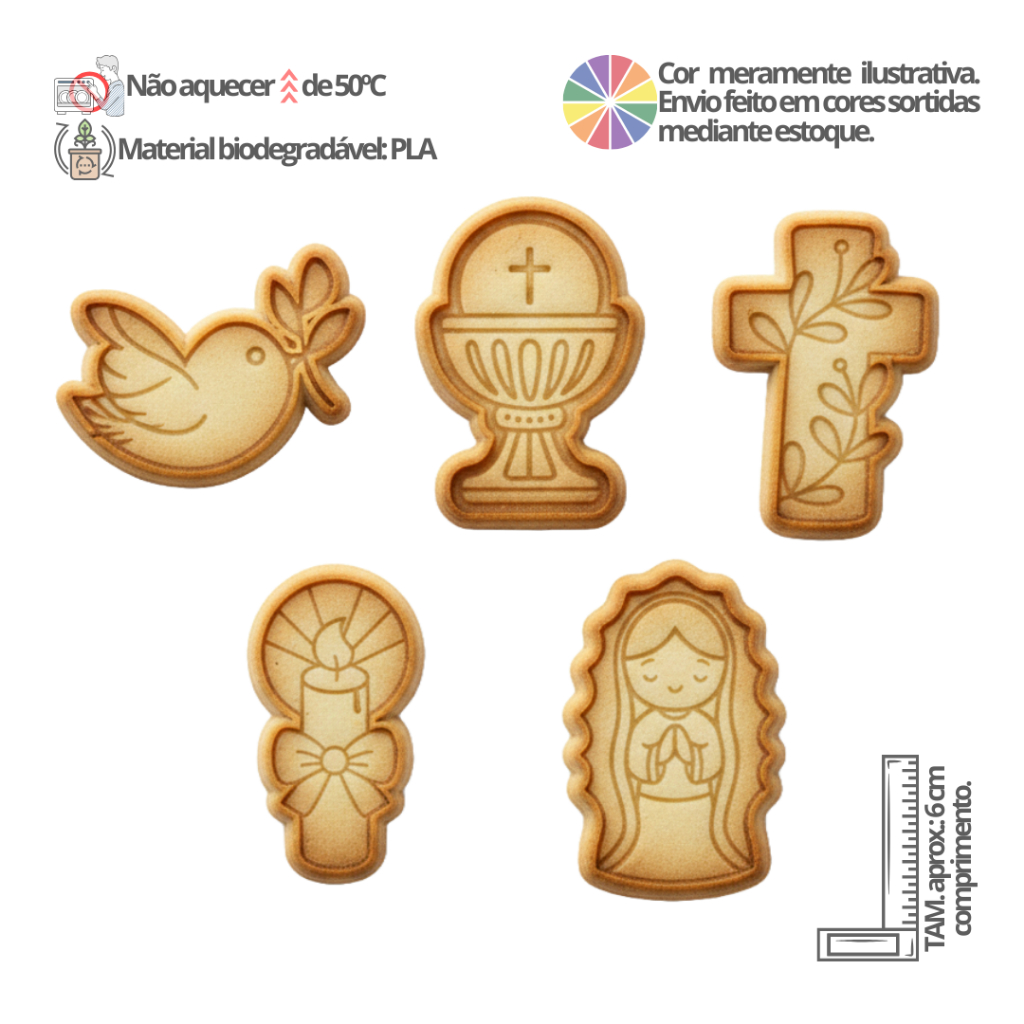 Kit 5 Cortadores de biscoito e marcadores Batizado - Cookie, Pasta americana, Confeitaria