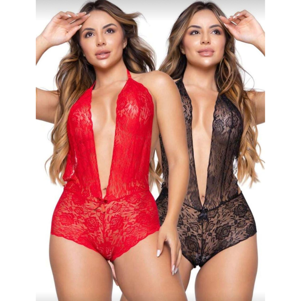 Kit 02 Body Sexy Feminino de Renda Cavado Lingerie Sensual Transparente Decote Profundo Blogueira Premium