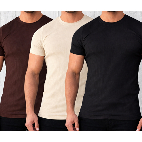 Kit 3 Camisetas Masculinas Caneladas Básica Premium Off White, Marrom e Preta