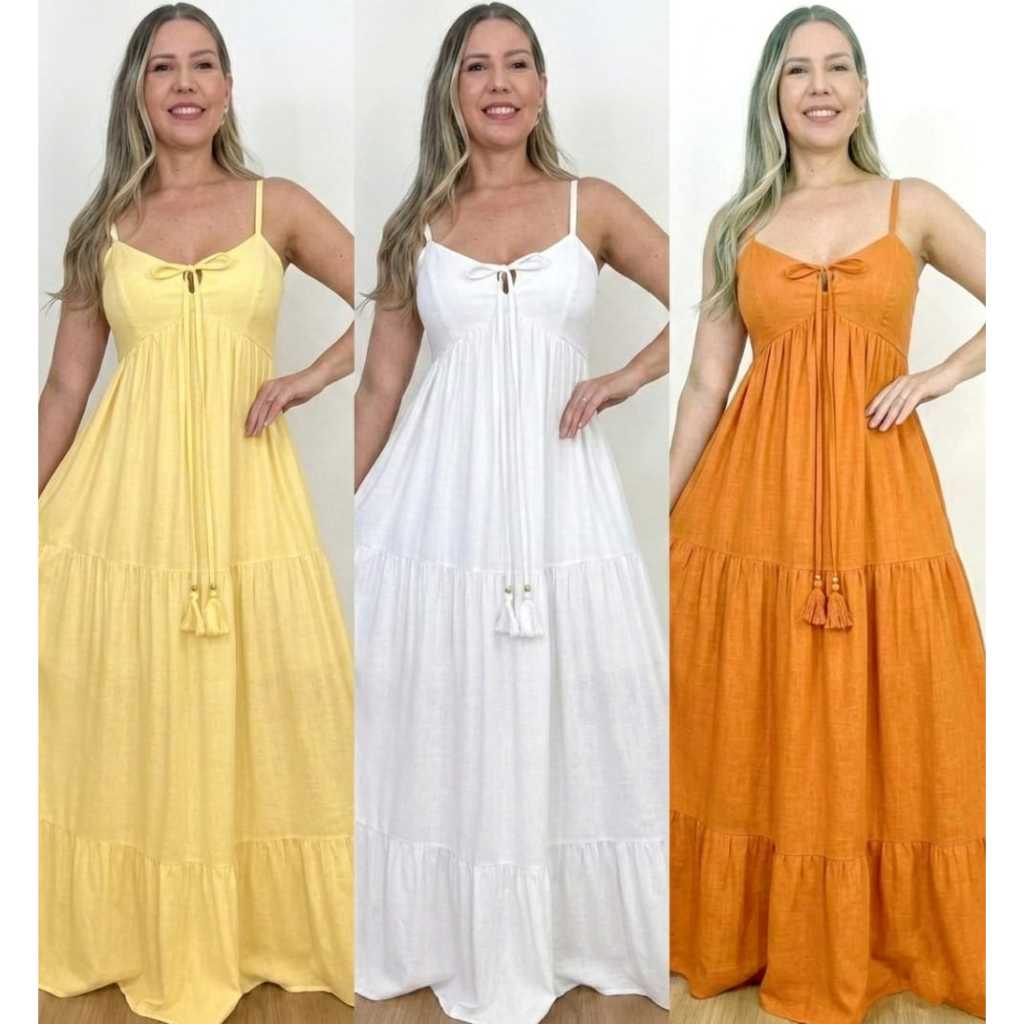 Vestido Longo Feminino Alça Viscolinho Importado Casual Elegante Leve Confortável