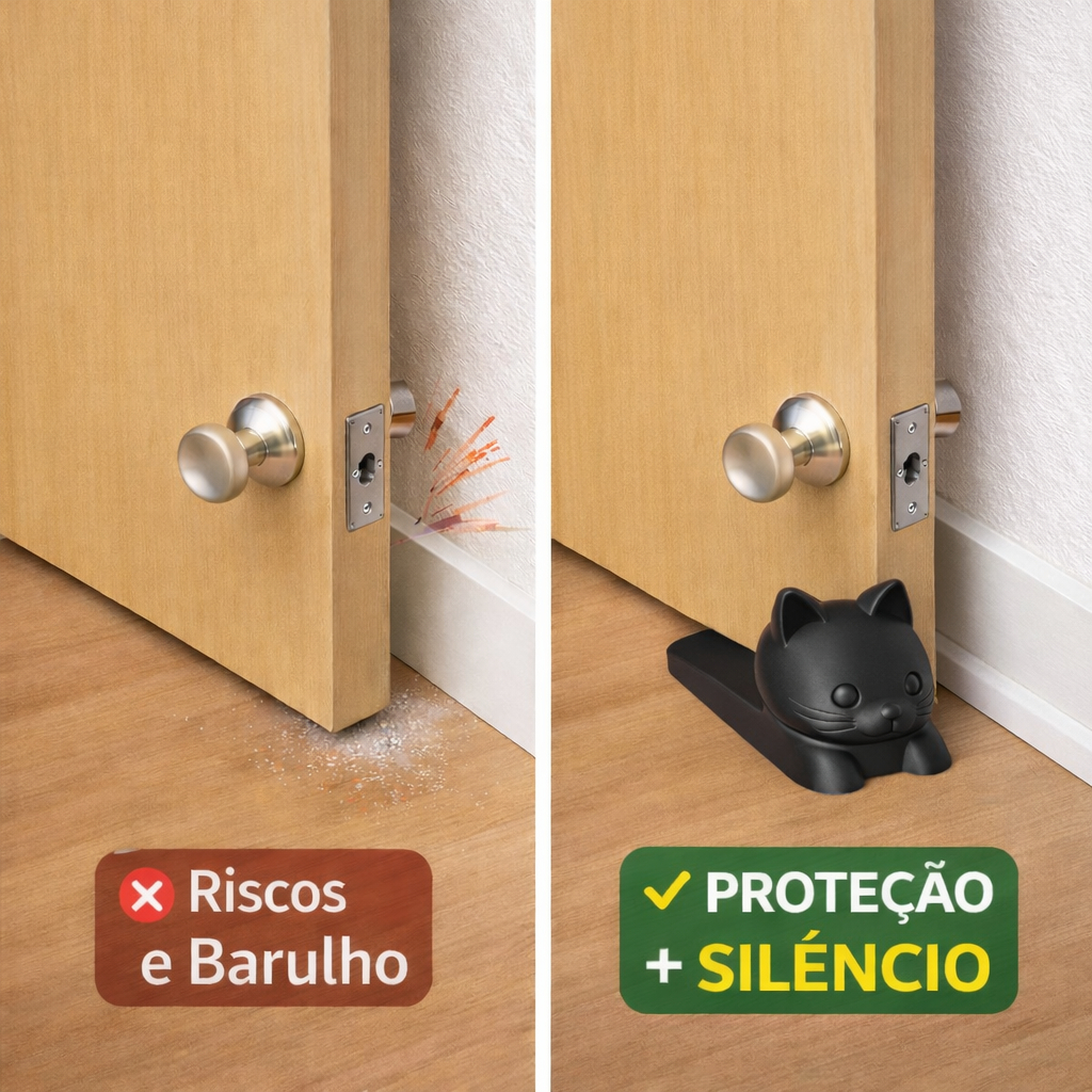 Trava de Porta Gatinho Antirruído | Protetor de Parede | Evita Impacto e Riscos