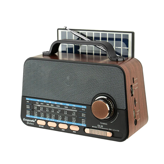 Rádio Portátil Ecopower EP-F314 AM/FM Bluetooth Painel Solar USB Marrom