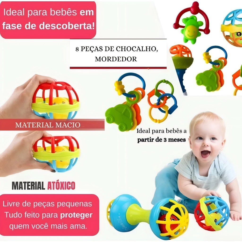 Kit 8 Brinquedos de Bebe Chocalho Mordedor Silicone Macio Bola Colorida Para Meninas/Meninos Móbile