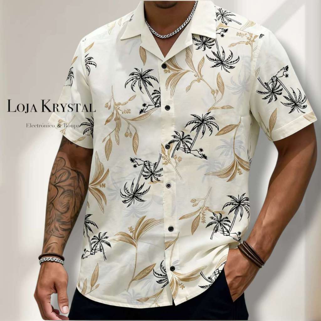 LOJA KRYSTAL floral camisa 24 havaiana praia verão masculino manga curta de botão tecido viscose em Oferta na Shopee