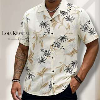 LOJA KRYSTAL floral camisa 24 havaiana praia verão masculino manga curta de botão tecido viscose em Oferta na Shopee