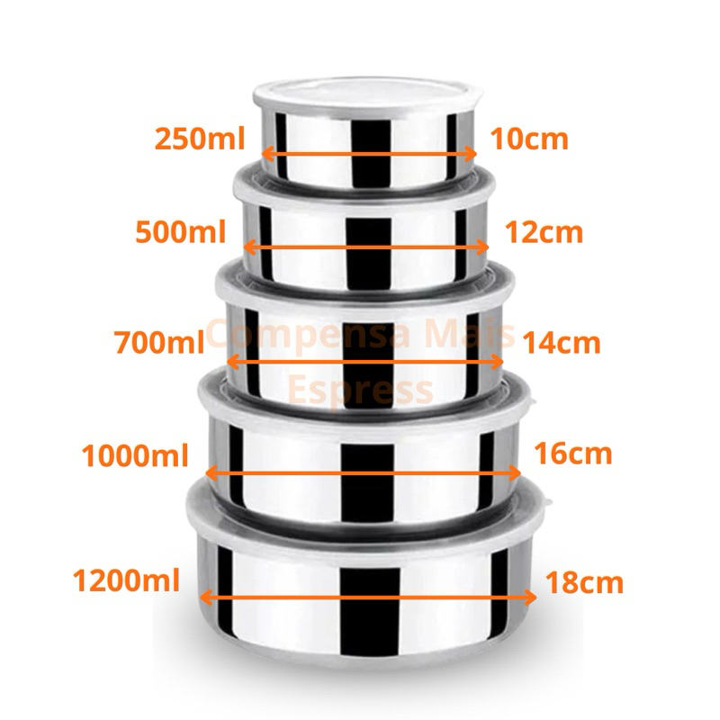 Jogo de 5 Tigelas Aço Inox Pote Redondo com Tampa Transparente Hermético em Alumínio Original Multifuncional
