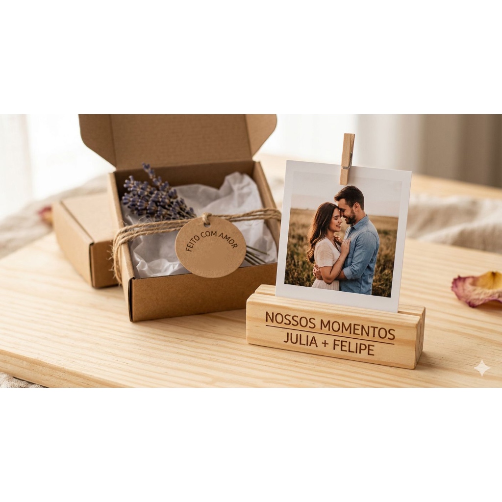 Combo - Mini foto + Suporte de madeira para Mini Foto e Polaroid - Personalizado a Laser