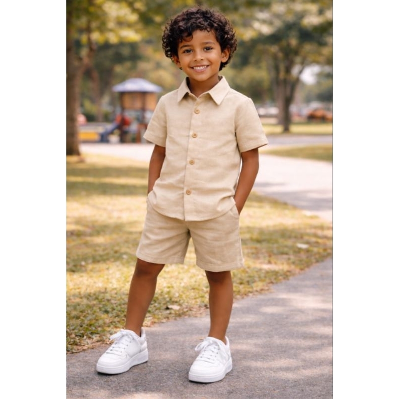 Conjunto Infantil Menino Mauricinho | Blogueirinho Verão Camisa Social e Short com Bolsos (Tamanhos 2 a 10) ✨